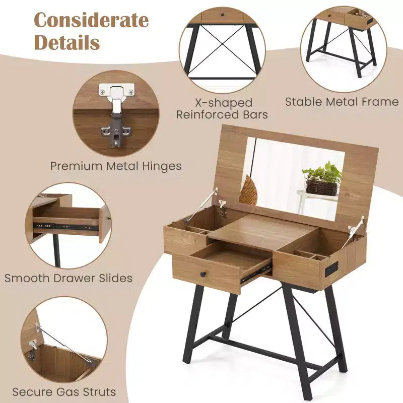 Costway Vanity Desk with Flip Top Mirror Makeup Dressing Table with Power Outlets Drawer