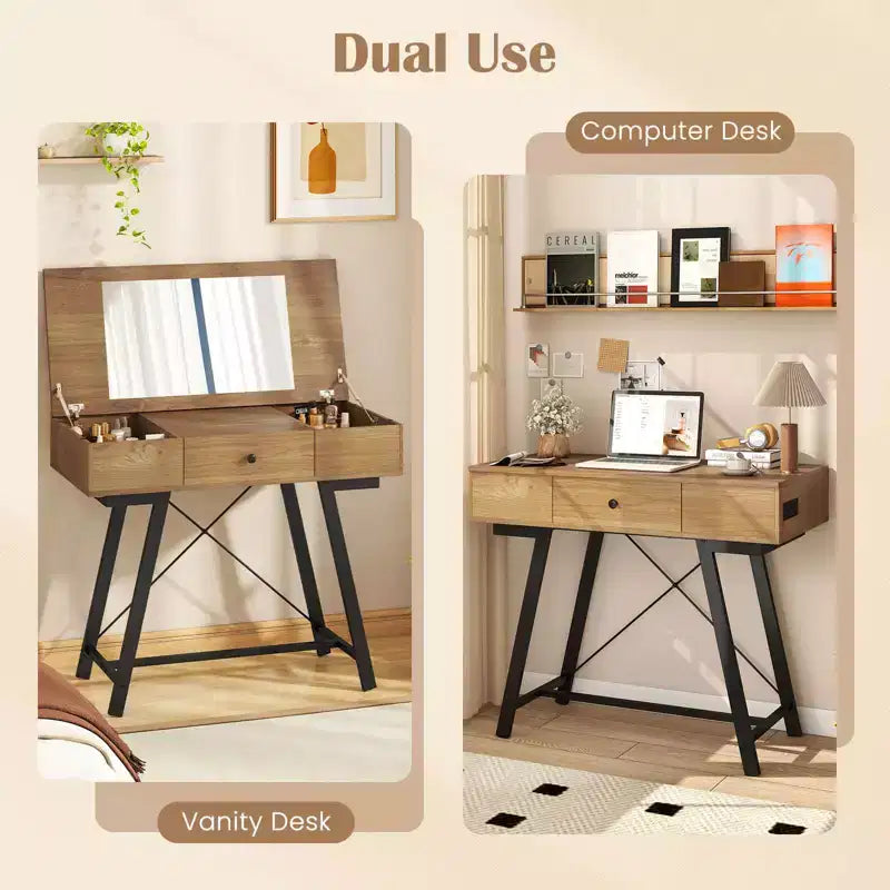 Costway Vanity Desk with Flip Top Mirror Makeup Dressing Table with Power Outlets Drawer