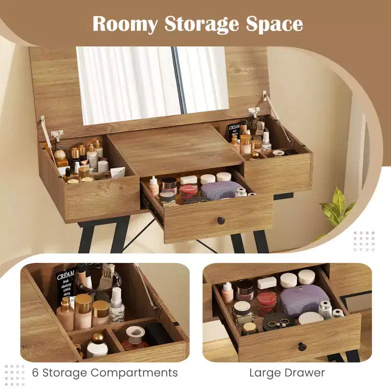Costway Vanity Desk with Flip Top Mirror Makeup Dressing Table with Power Outlets Drawer