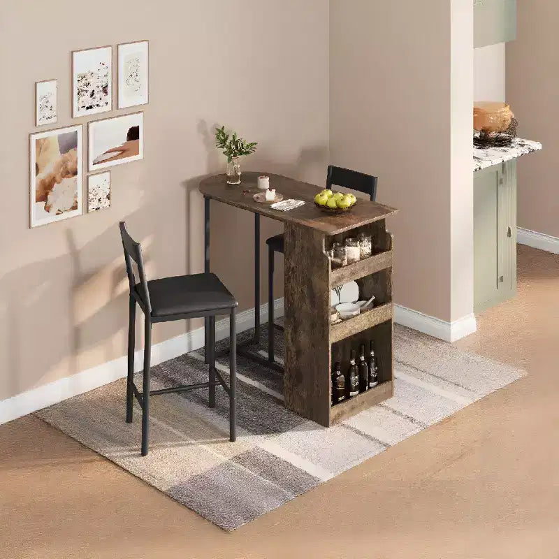 3-Piece Farmhouse Bistro Dining Table Set for 2 with Storage Shelves, Counter-Height Table & 2 PU Leather Chairs, Kitchen Dining Table Set