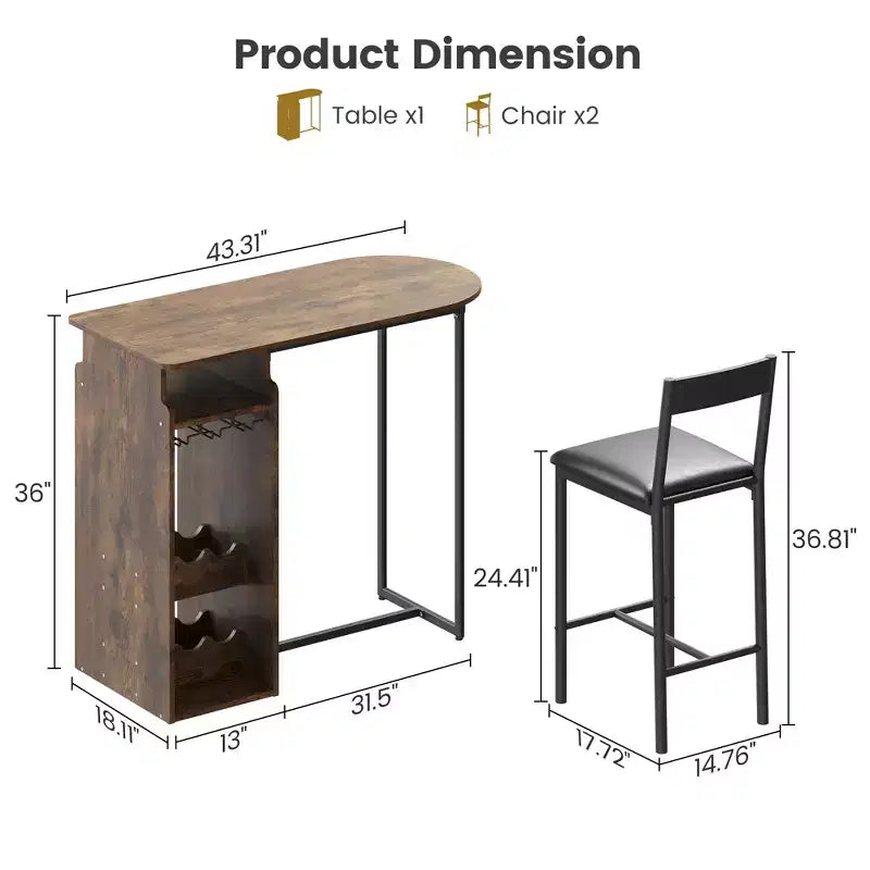 Retro Bar Table and Chair Set for 2 with Wine Rack and Wine Glass Holder, Counter Height Bar Table Set with Open Storage Shelf, Kitchen Dining Table