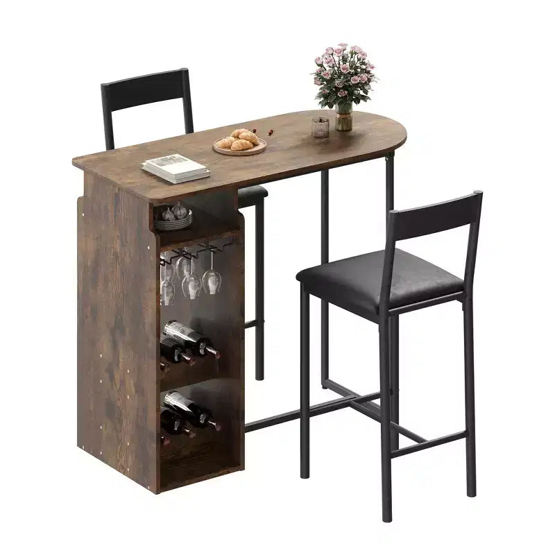 Retro Bar Table and Chair Set for 2 with Wine Rack and Wine Glass Holder, Counter Height Bar Table Set with Open Storage Shelf, Kitchen Dining Table