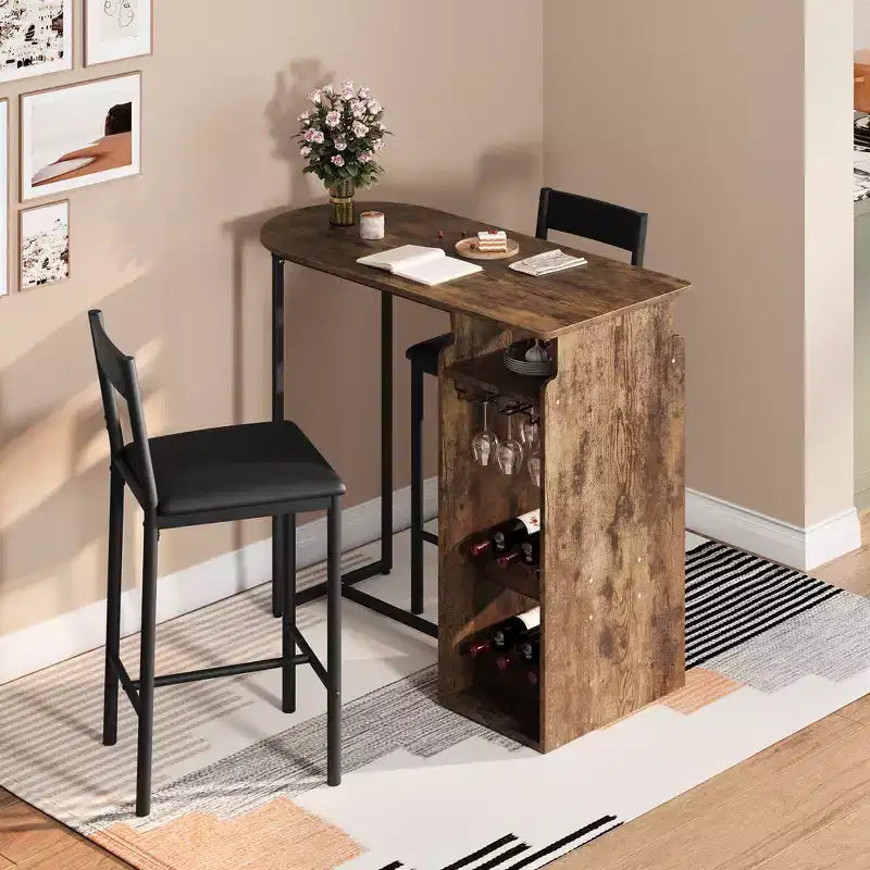 Retro Bar Table and Chair Set for 2 with Wine Rack and Wine Glass Holder, Counter Height Bar Table Set with Open Storage Shelf, Kitchen Dining Table