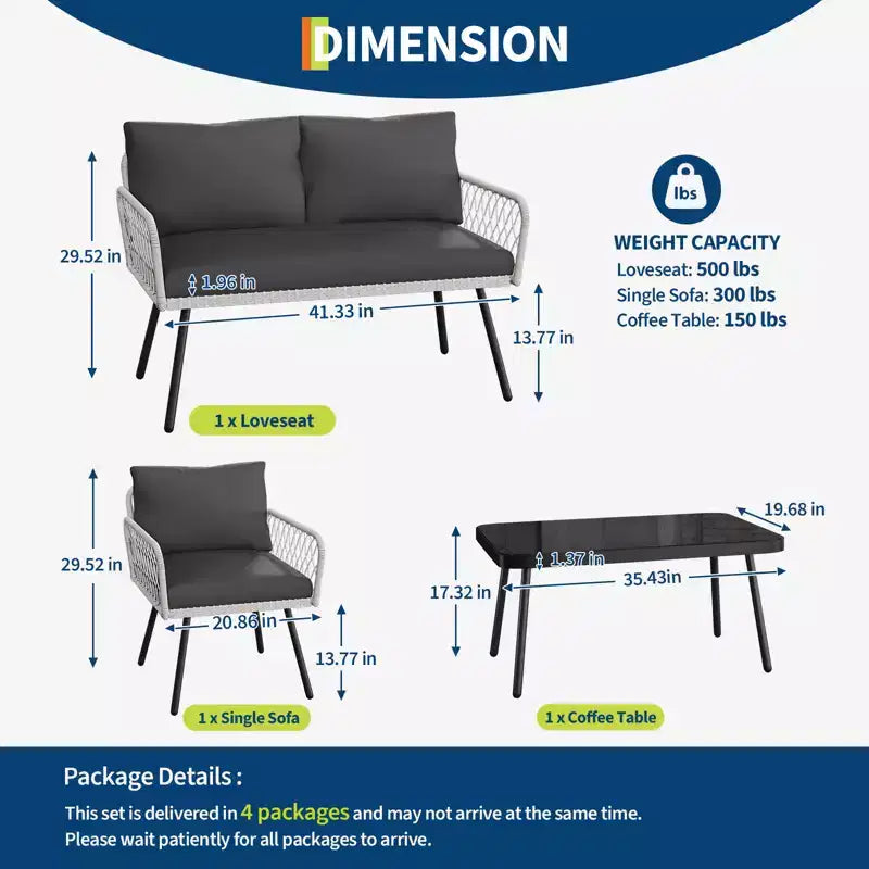 4-Piece Wicker Outdoor Furniture Set,Patio Sectional Sofa with Handmade Rattan and Metal Frame,with Coffee Table for Backyard,Garden and Poolside