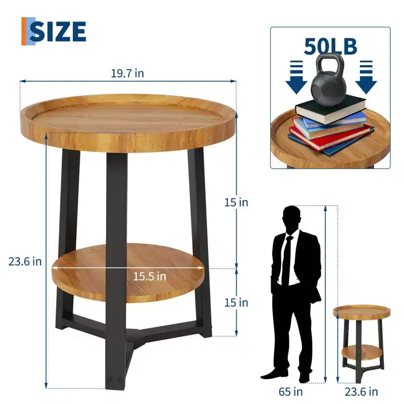 2-Tier Round Side Table with Storage Shelf, Wood and Metal Frame Side Table for Living Room & Bedroom, for Small Spaces, Easy Assembly