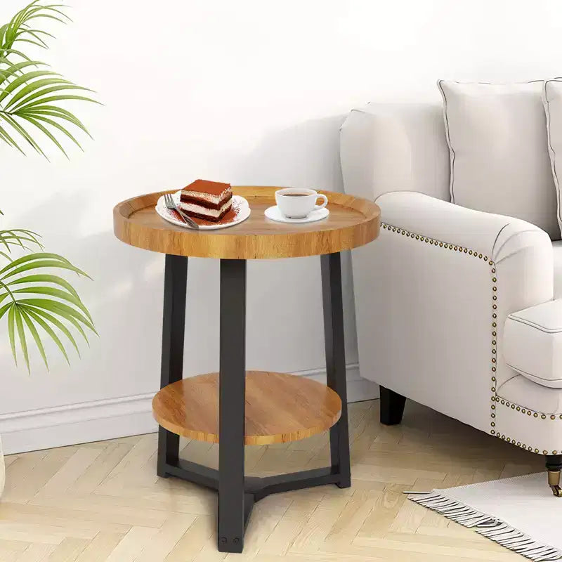 2-Tier Round Side Table with Storage Shelf, Wood and Metal Frame Side Table for Living Room & Bedroom, for Small Spaces, Easy Assembly