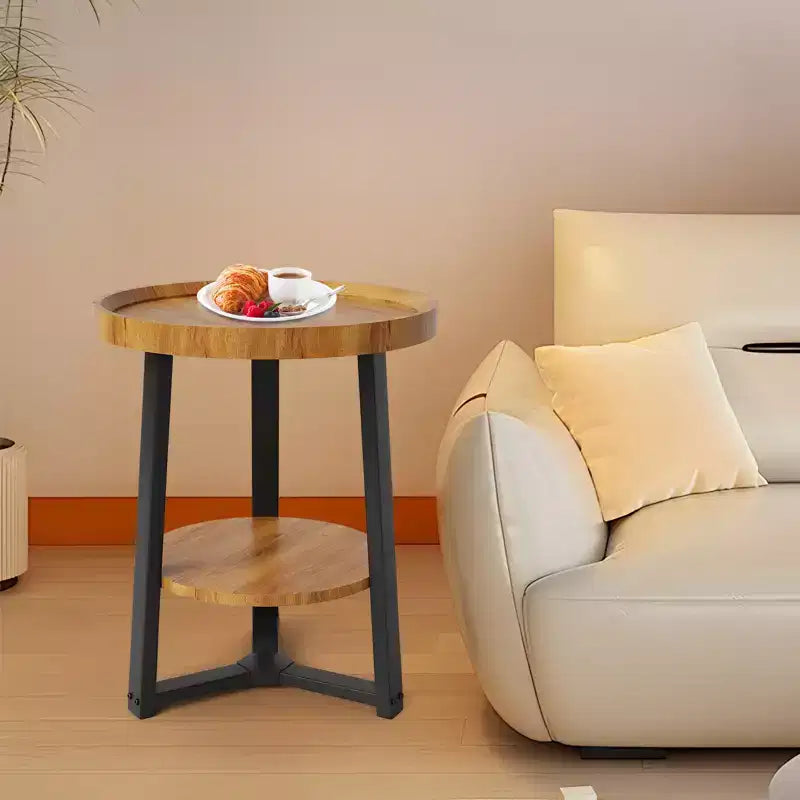 2-Tier Round Side Table with Storage Shelf, Wood and Metal Frame Side Table for Living Room & Bedroom, for Small Spaces, Easy Assembly