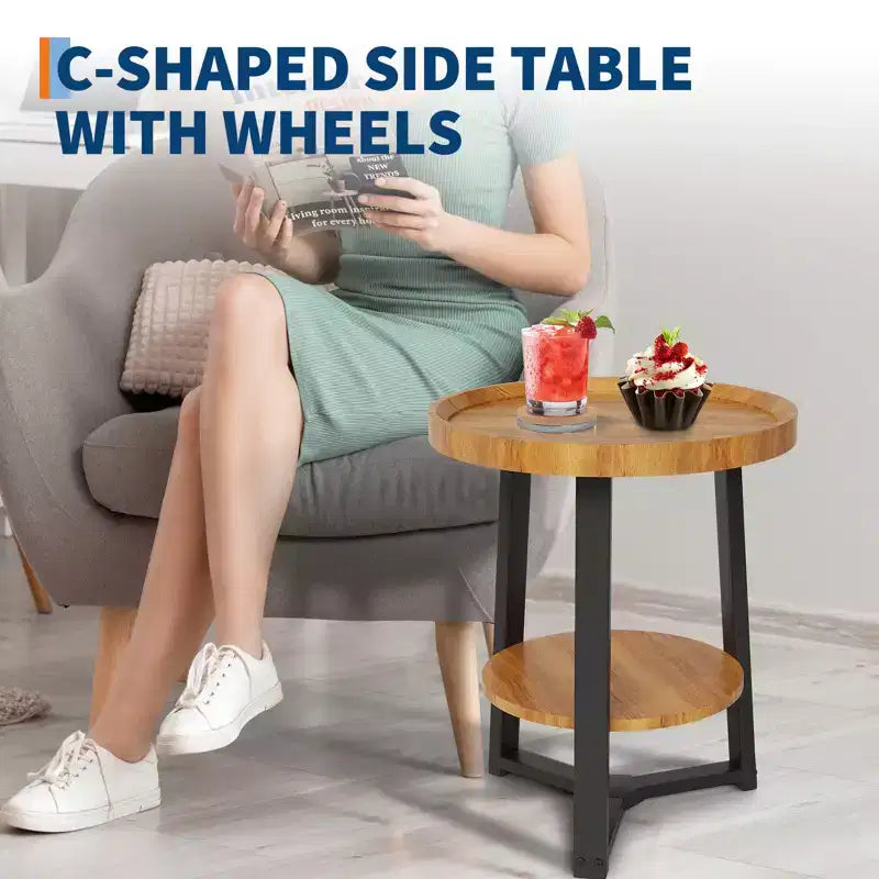2-Tier Round Side Table with Storage Shelf, Wood and Metal Frame Side Table for Living Room & Bedroom, for Small Spaces, Easy Assembly