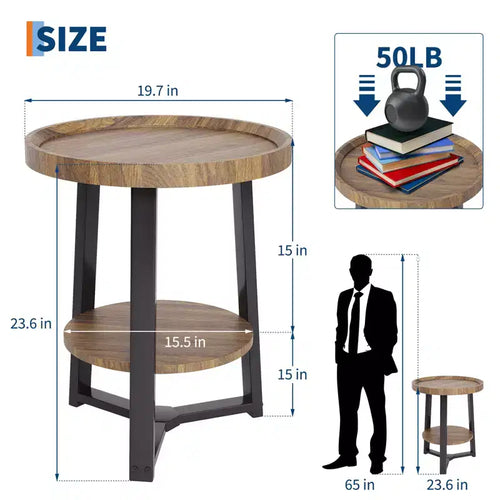 2-Tier Round Side Table with Storage Shelf, Wood and Metal Frame Side Table for Living Room & Bedroom, for Small Spaces, Easy Assembly