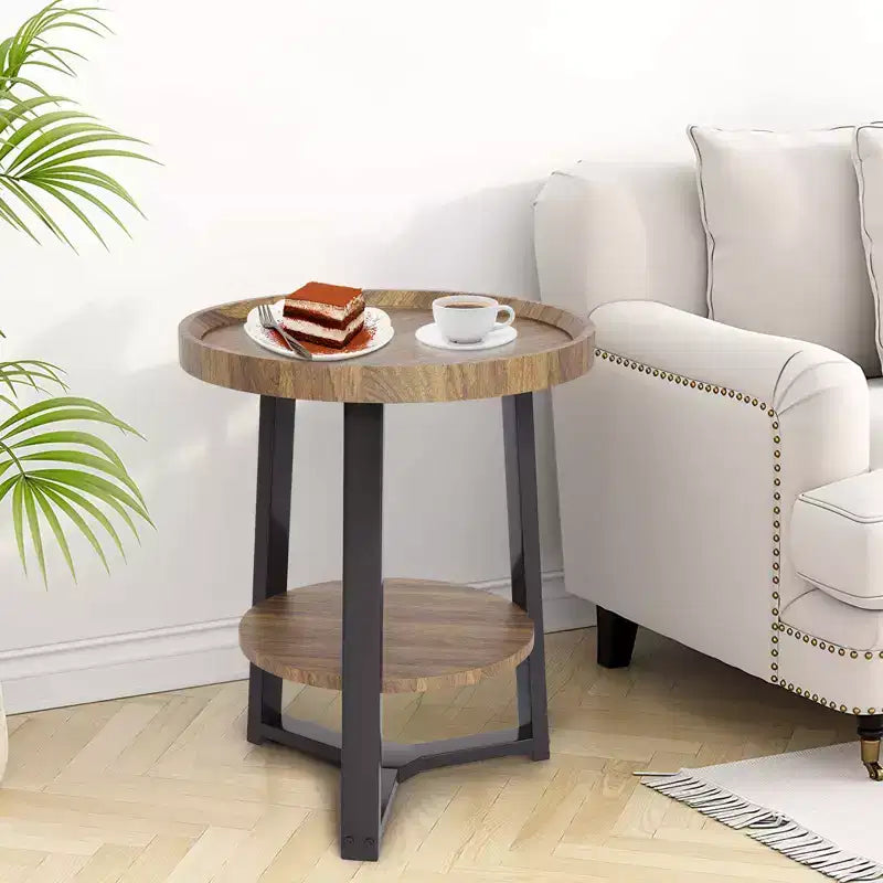 2-Tier Round Side Table with Storage Shelf, Wood and Metal Frame Side Table for Living Room & Bedroom, for Small Spaces, Easy Assembly