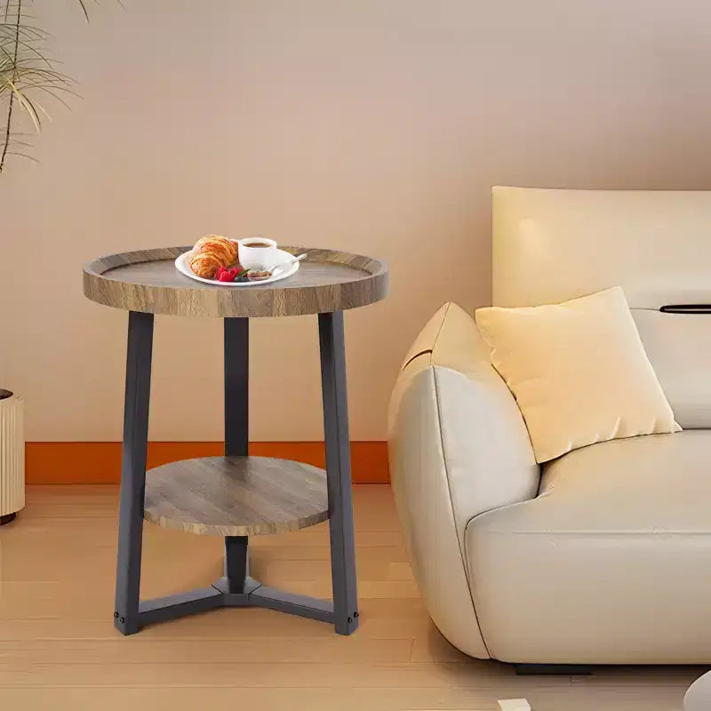 2-Tier Round Side Table with Storage Shelf, Wood and Metal Frame Side Table for Living Room & Bedroom, for Small Spaces, Easy Assembly