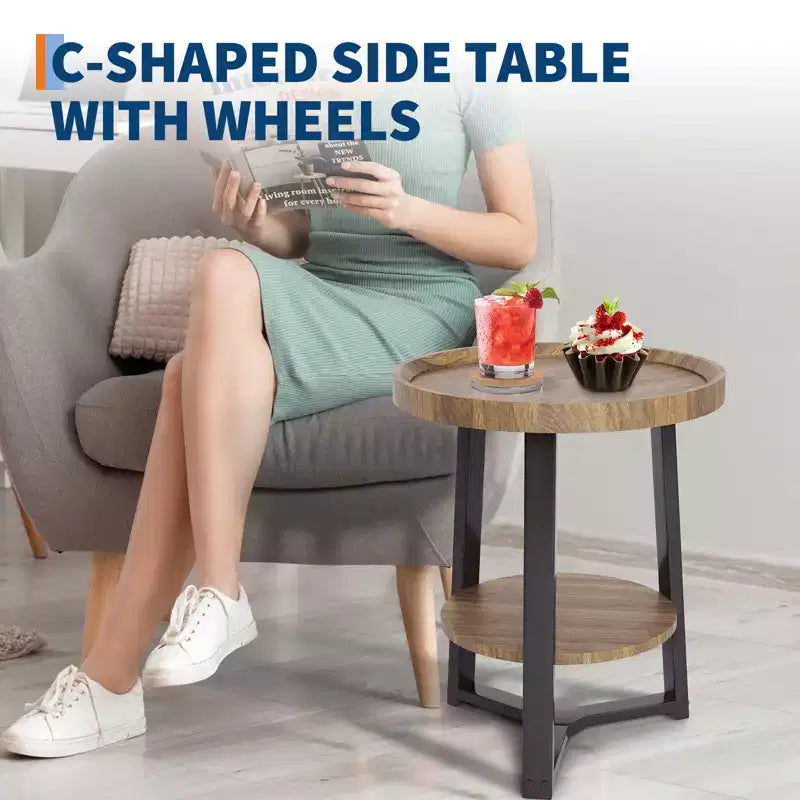 2-Tier Round Side Table with Storage Shelf, Wood and Metal Frame Side Table for Living Room & Bedroom, for Small Spaces, Easy Assembly