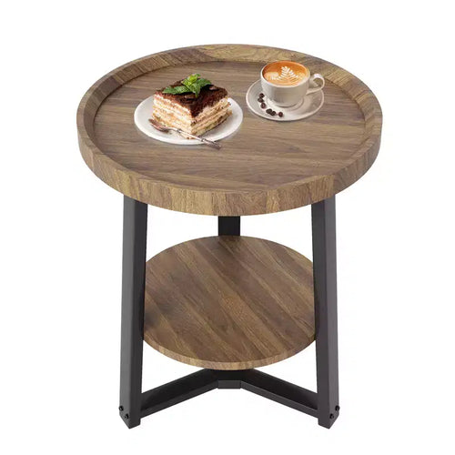 2-Tier Round Side Table with Storage Shelf, Wood and Metal Frame Side Table for Living Room & Bedroom, for Small Spaces, Easy Assembly