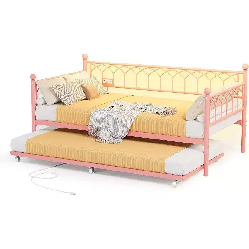 Twin Daybed with Trundle,with Charging Station & LED Lights,Metal Sofa Bed Frame with Pull Out Trundle for Living Room,Bedroom,Guest Room,Apartment