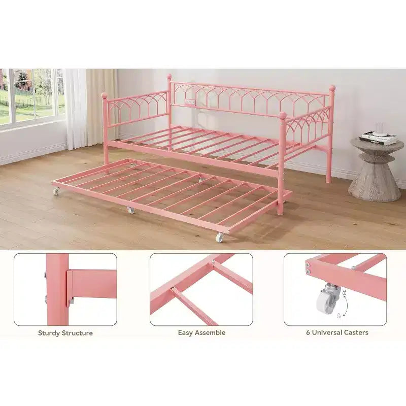 Twin Daybed with Trundle,with Charging Station & LED Lights,Metal Sofa Bed Frame with Pull Out Trundle for Living Room,Bedroom,Guest Room,Apartment