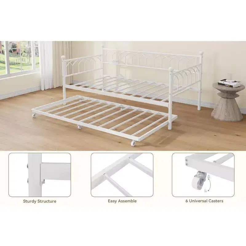 Twin Daybed with Trundle,with Charging Station & LED Lights,Metal Sofa Bed Frame with Pull Out Trundle for Living Room,Bedroom,Guest Room,Apartment