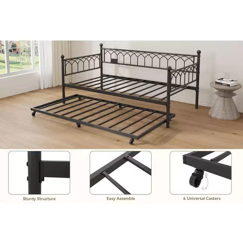 Twin Daybed with Trundle,with Charging Station & LED Lights,Metal Sofa Bed Frame with Pull Out Trundle for Living Room,Bedroom,Guest Room,Apartment