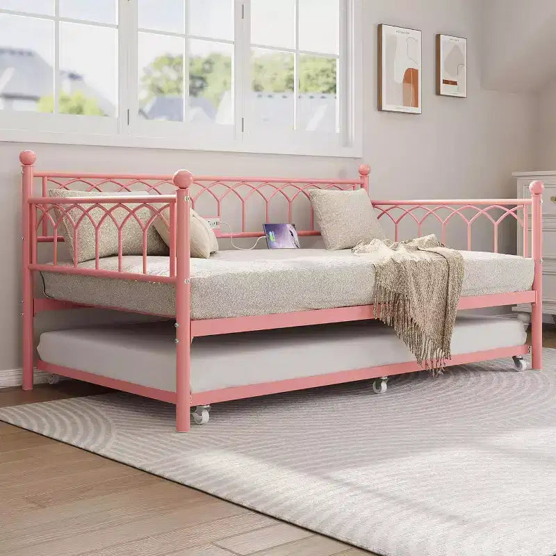 Twin Daybed with Trundle,with Charging Station & LED Lights,Metal Sofa Bed Frame with Pull Out Trundle for Living Room,Bedroom,Guest Room,Apartment