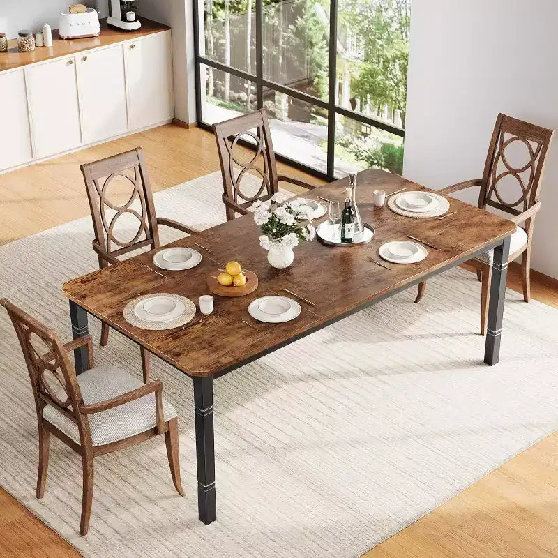 78'' Large Industrial Dining Table for 6 with Heavy Duty Metal Legs & Chamfer Corner for Dining Room, Kitchen and Living Room