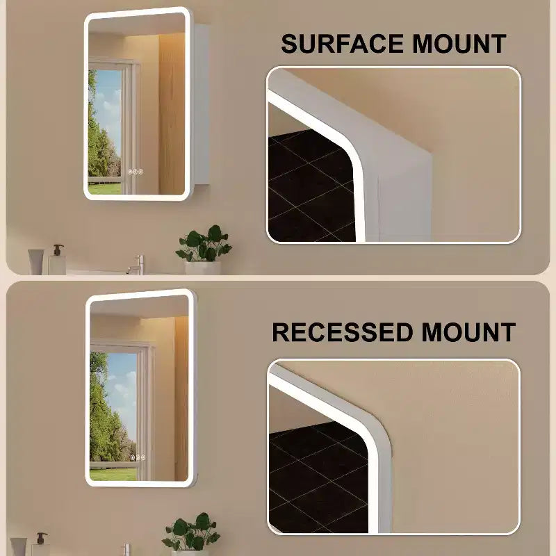 LED Mirror Medicine Cabinet, Surface or Recessed Mount, 3-Color Dimmable Lighting, Anti-Fog, USB & Power Outlet