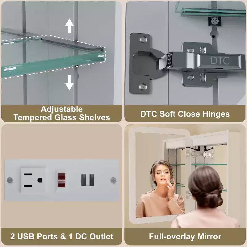LED Mirror Medicine Cabinet, Surface or Recessed Mount, 3-Color Dimmable Lighting, Anti-Fog, USB & Power Outlet