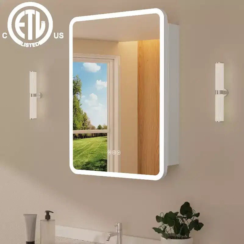 LED Mirror Medicine Cabinet, Surface or Recessed Mount, 3-Color Dimmable Lighting, Anti-Fog, USB & Power Outlet
