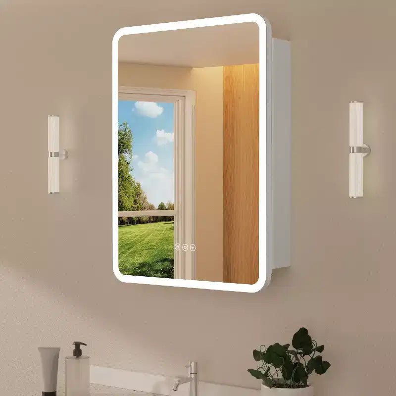 LED Mirror Medicine Cabinet, Surface or Recessed Mount, 3-Color Dimmable Lighting, Anti-Fog, USB & Power Outlet