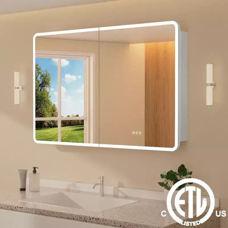 LED Mirror Medicine Cabinet, Surface or Recessed Mount, 3-Color Dimmable Lighting, Anti-Fog, USB & Power Outlet