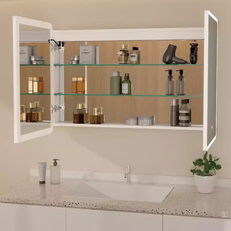 LED Mirror Medicine Cabinet, Surface or Recessed Mount, 3-Color Dimmable Lighting, Anti-Fog, USB & Power Outlet