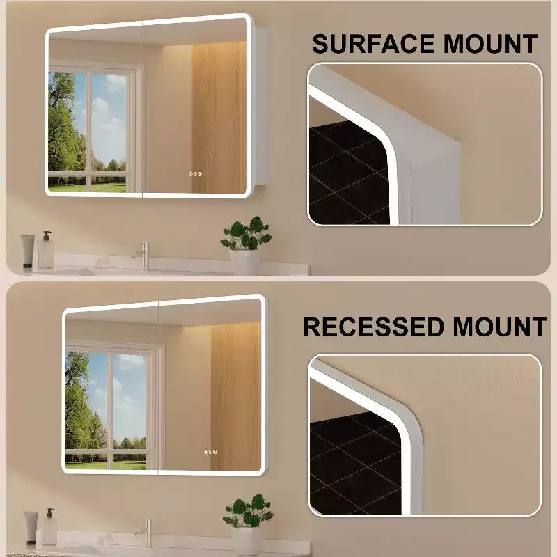 LED Mirror Medicine Cabinet, Surface or Recessed Mount, 3-Color Dimmable Lighting, Anti-Fog, USB & Power Outlet