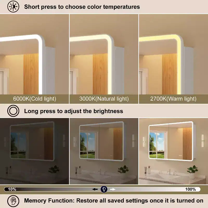 LED Mirror Medicine Cabinet, Surface or Recessed Mount, 3-Color Dimmable Lighting, Anti-Fog, USB & Power Outlet