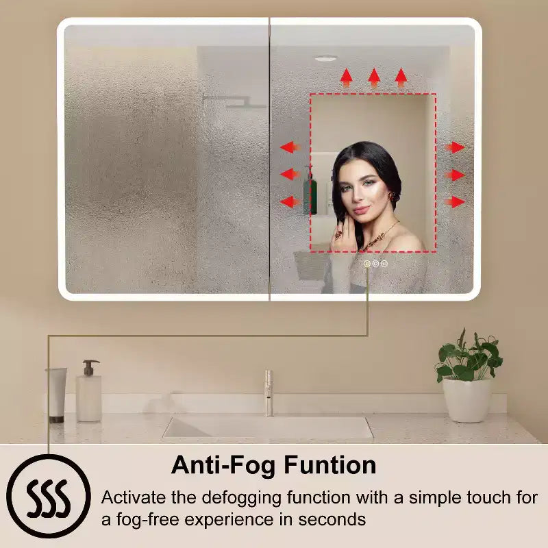 LED Mirror Medicine Cabinet, Surface or Recessed Mount, 3-Color Dimmable Lighting, Anti-Fog, USB & Power Outlet