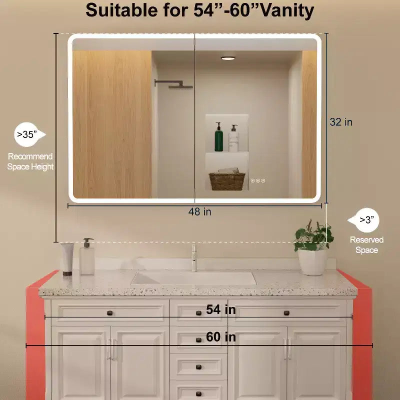 LED Mirror Medicine Cabinet, Surface or Recessed Mount, 3-Color Dimmable Lighting, Anti-Fog, USB & Power Outlet
