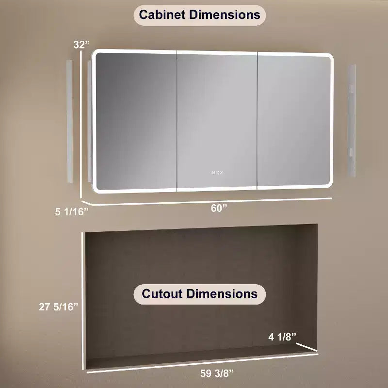 LED Mirror Medicine Cabinet, Surface or Recessed Mount, 3-Color Dimmable Lighting, Anti-Fog, USB & Power Outlet