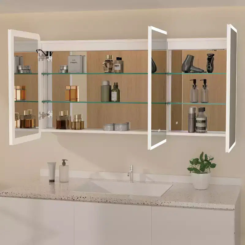 LED Mirror Medicine Cabinet, Surface or Recessed Mount, 3-Color Dimmable Lighting, Anti-Fog, USB & Power Outlet