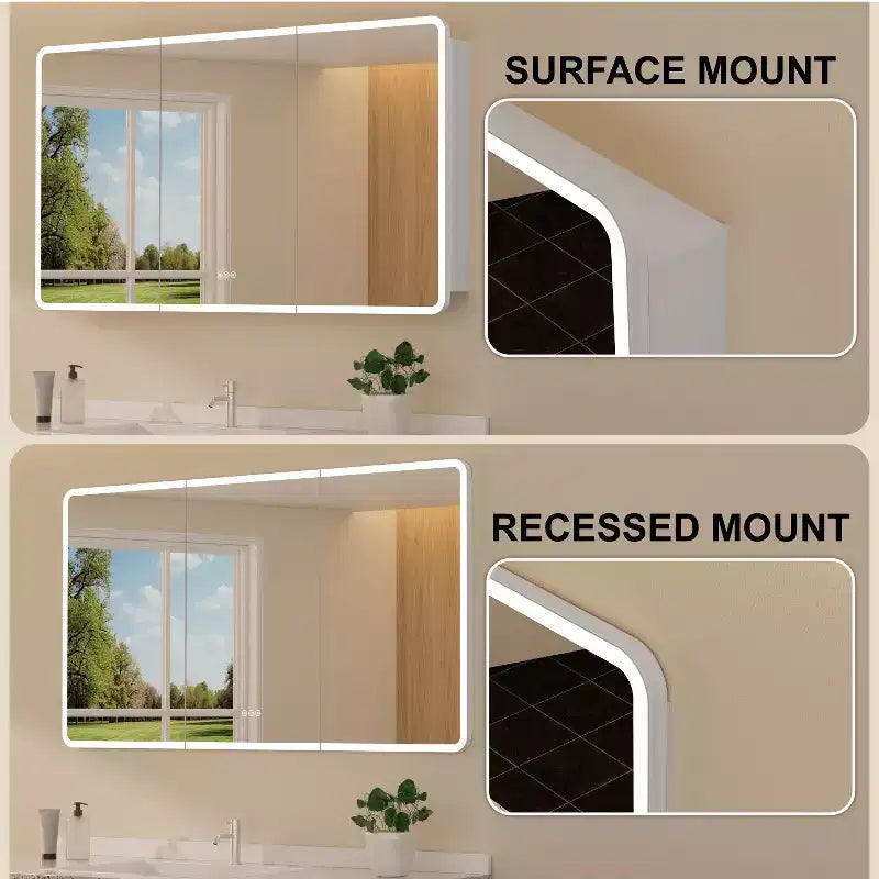 LED Mirror Medicine Cabinet, Surface or Recessed Mount, 3-Color Dimmable Lighting, Anti-Fog, USB & Power Outlet