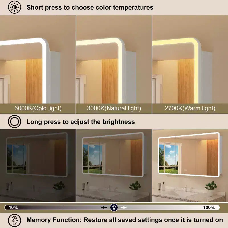 LED Mirror Medicine Cabinet, Surface or Recessed Mount, 3-Color Dimmable Lighting, Anti-Fog, USB & Power Outlet