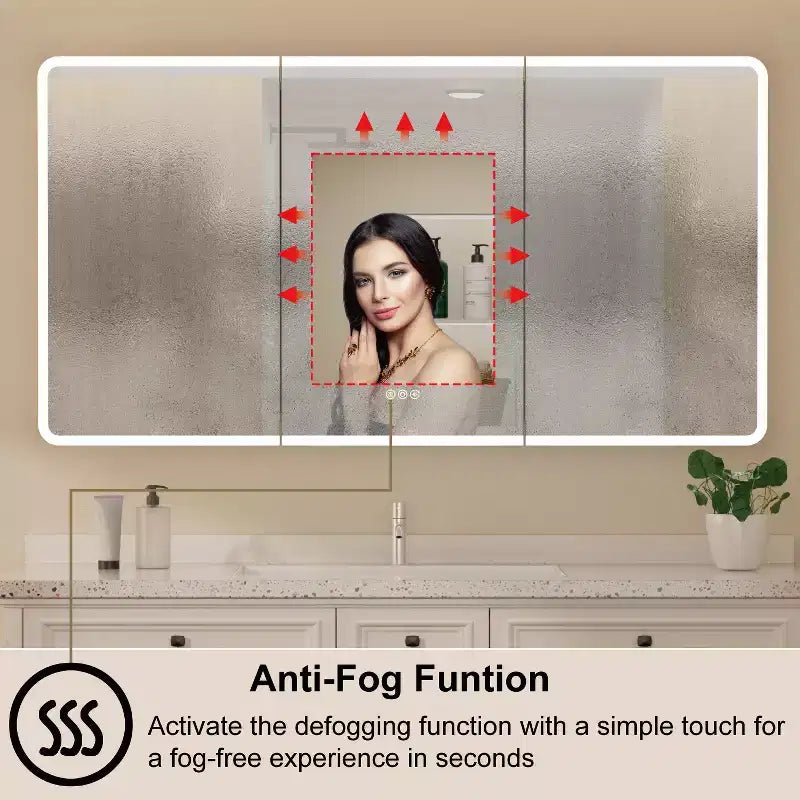 LED Mirror Medicine Cabinet, Surface or Recessed Mount, 3-Color Dimmable Lighting, Anti-Fog, USB & Power Outlet