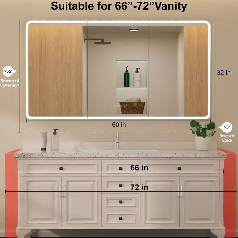 LED Mirror Medicine Cabinet, Surface or Recessed Mount, 3-Color Dimmable Lighting, Anti-Fog, USB & Power Outlet
