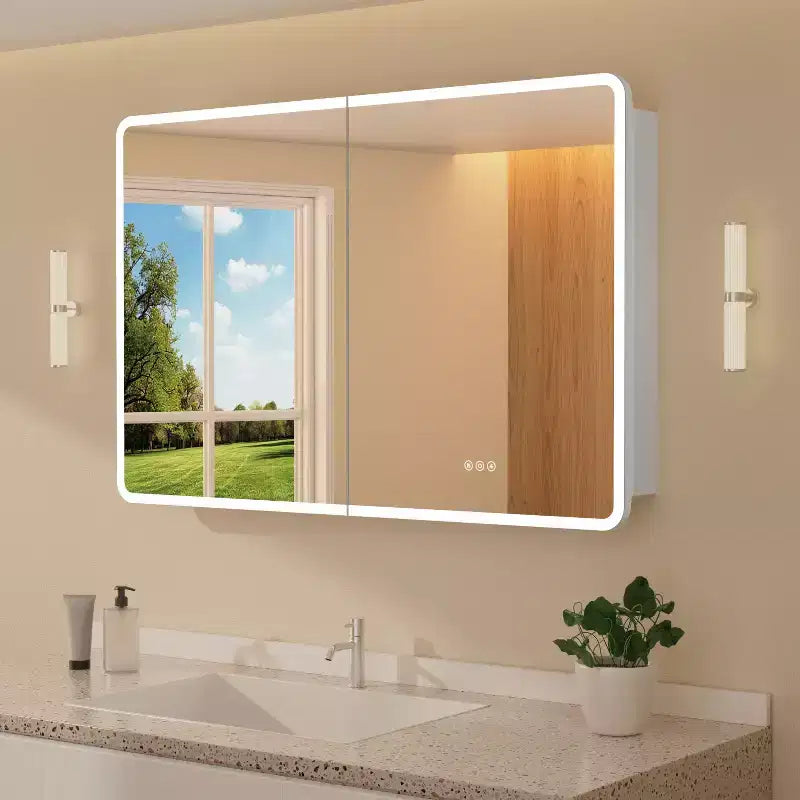 LED Mirror Medicine Cabinet, Surface or Recessed Mount, 3-Color Dimmable Lighting, Anti-Fog, USB & Power Outlet
