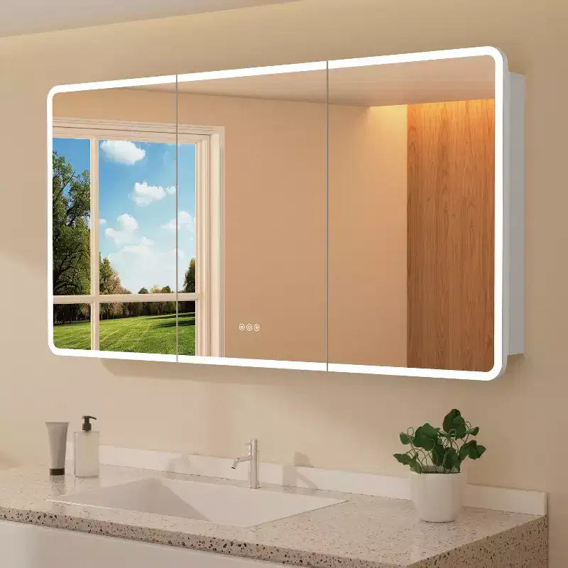 LED Mirror Medicine Cabinet, Surface or Recessed Mount, 3-Color Dimmable Lighting, Anti-Fog, USB & Power Outlet
