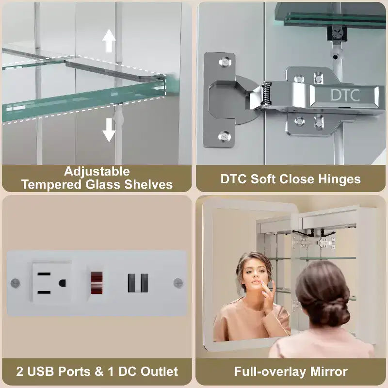 LED Mirror Medicine Cabinet, Surface or Recessed Mount, 3-Color Dimmable Lighting, Anti-Fog, USB & Power Outlet