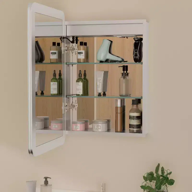LED Mirror Medicine Cabinet, Surface or Recessed Mount, 3-Color Dimmable Lighting, Anti-Fog, USB & Power Outlet