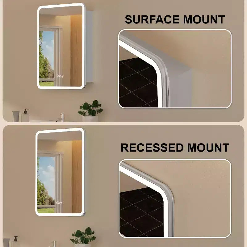 LED Mirror Medicine Cabinet, Surface or Recessed Mount, 3-Color Dimmable Lighting, Anti-Fog, USB & Power Outlet