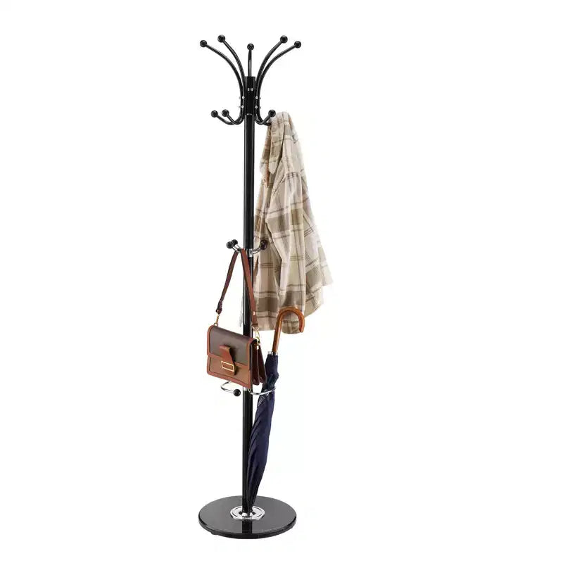 VEVOR Freestanding Coat Rack, Metal Coats Rack Stand with Umbrella Holder, Stable Marble Base & 14 Hooks,Hall Coat Tree for Entryway, Bedroom, Black