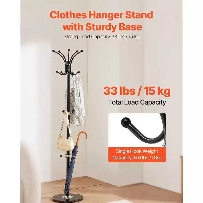 VEVOR Freestanding Coat Rack, Metal Coats Rack Stand with Umbrella Holder, Stable Marble Base & 14 Hooks,Hall Coat Tree for Entryway, Bedroom, Black