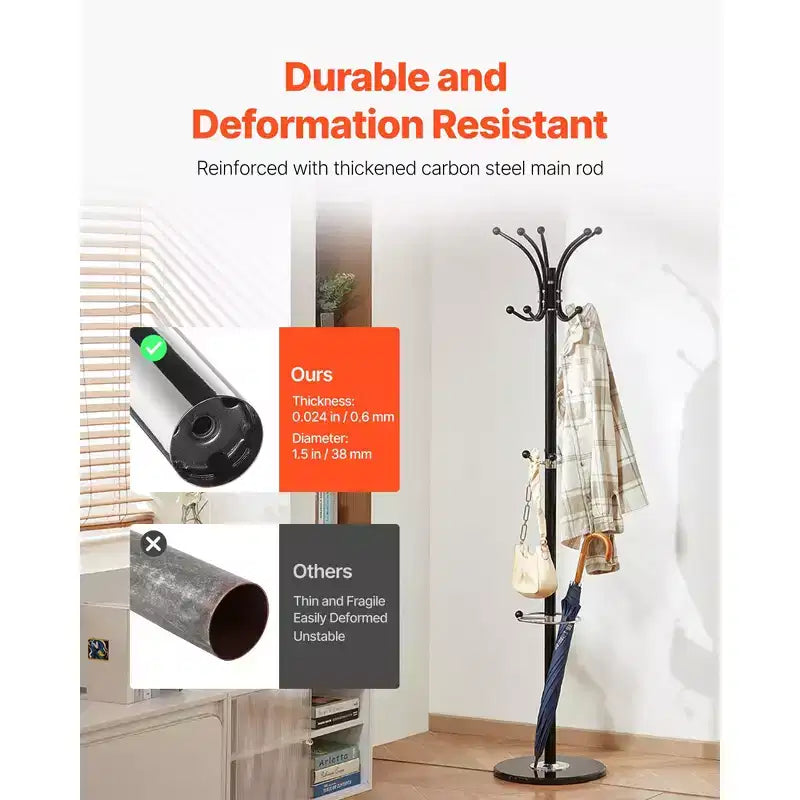 VEVOR Freestanding Coat Rack, Metal Coats Rack Stand with Umbrella Holder, Stable Marble Base & 14 Hooks,Hall Coat Tree for Entryway, Bedroom, Black