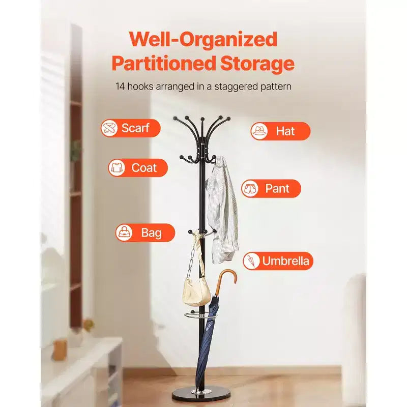 VEVOR Freestanding Coat Rack, Metal Coats Rack Stand with Umbrella Holder, Stable Marble Base & 14 Hooks,Hall Coat Tree for Entryway, Bedroom, Black