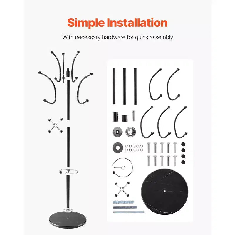 VEVOR Freestanding Coat Rack, Metal Coats Rack Stand with Umbrella Holder, Stable Marble Base & 14 Hooks,Hall Coat Tree for Entryway, Bedroom, Black
