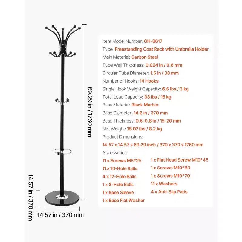 VEVOR Freestanding Coat Rack, Metal Coats Rack Stand with Umbrella Holder, Stable Marble Base & 14 Hooks,Hall Coat Tree for Entryway, Bedroom, Black